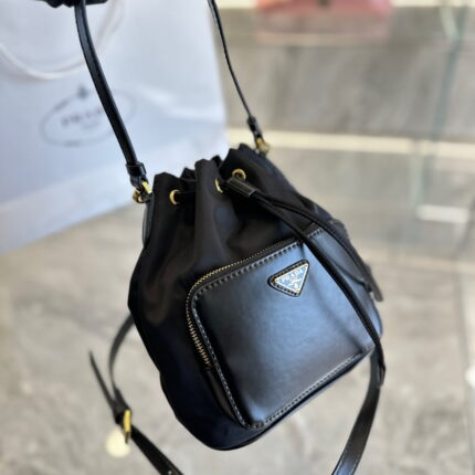 Prada  Nylon waterproof drawstring bucket bag size: 19*12*22cm